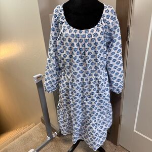 NWT J. Crew Scoop Neck Blue White Shell Long Sleeve Puff Popover Tiered Dress 18